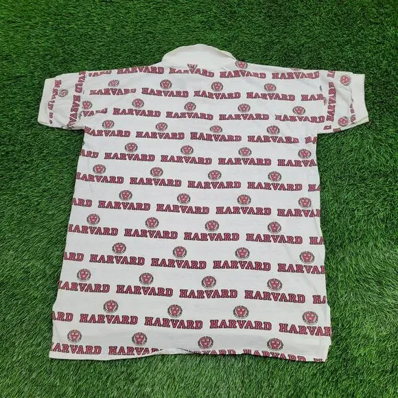 Vintage 90s Harvard University Polo Shirt 2XL 25x31 White Red AOP